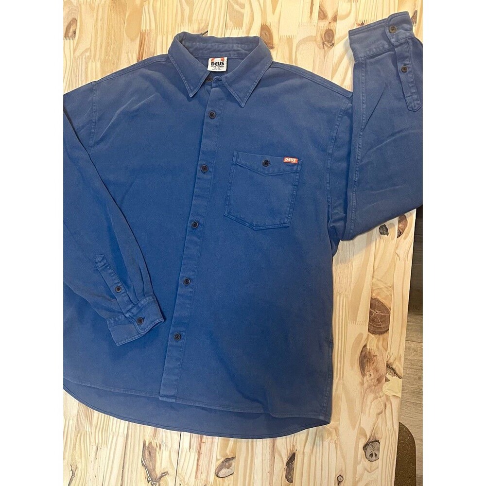 Deus Customs Ex Machina Men's Size L Blue Solid Woven Long Sleeve Button-Down
